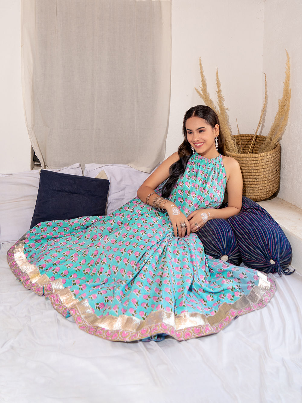Blue Pink Hand Block Printed Cotton DressThe Loom