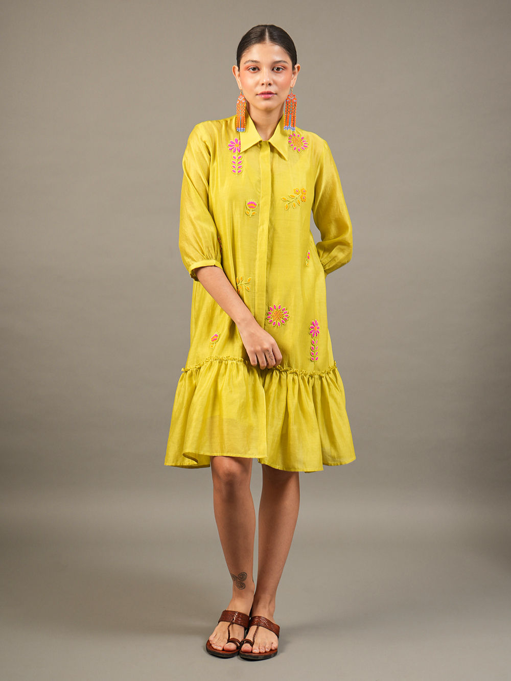 Lime Green Bead Embroidered Chanderi Silk Dress with Slip