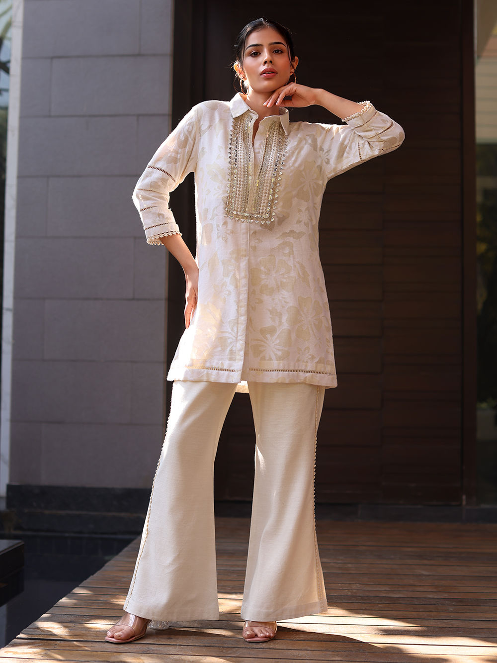 ella_selectshop 　jacquard tent tunic Ivory Cotton Jacquard Tunic with Pants - Set of 2