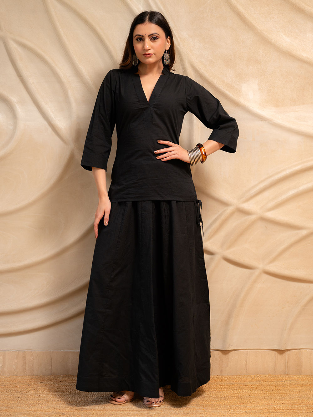 Black Cotton Top with Skirt - Set of 2