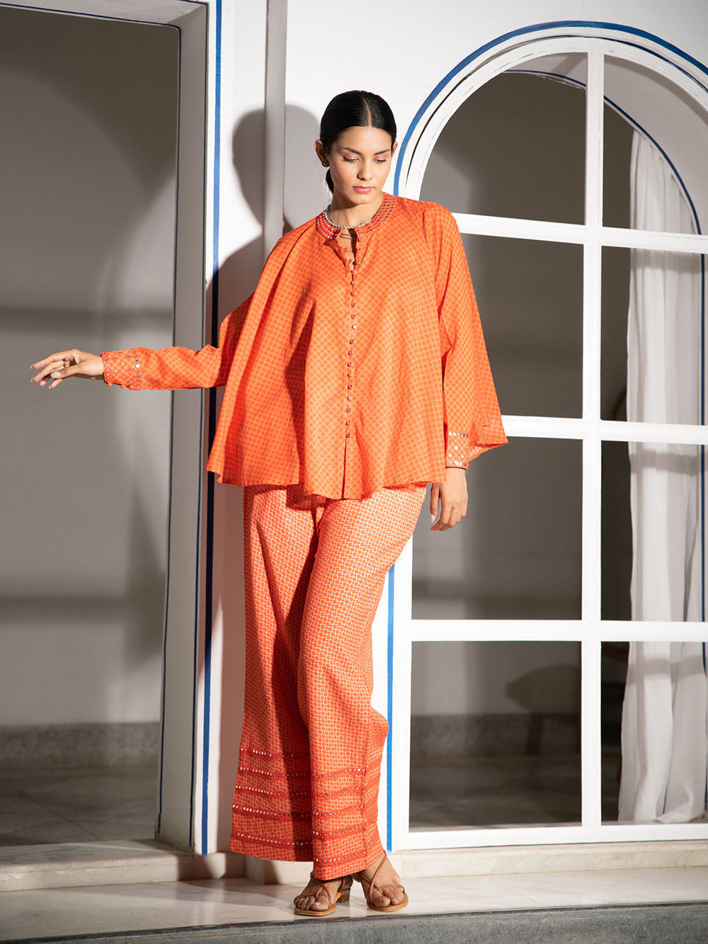 Orange Printed Linen Blend Co-ord Set - Set of 2