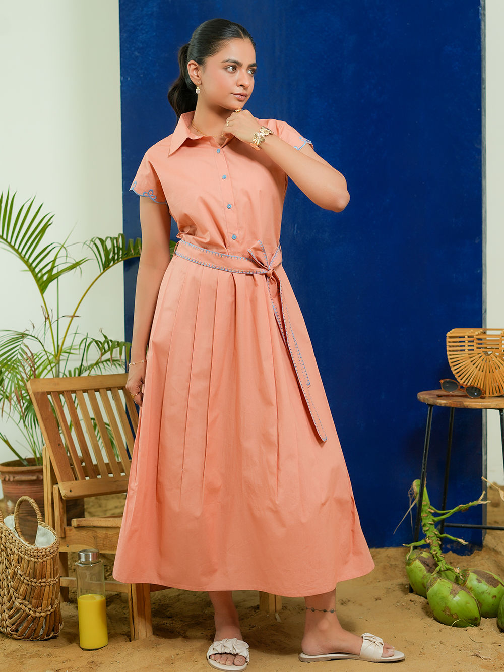 sachin and babi light blue dress 1970s Peach Day Dress w/ Embroidered Neck