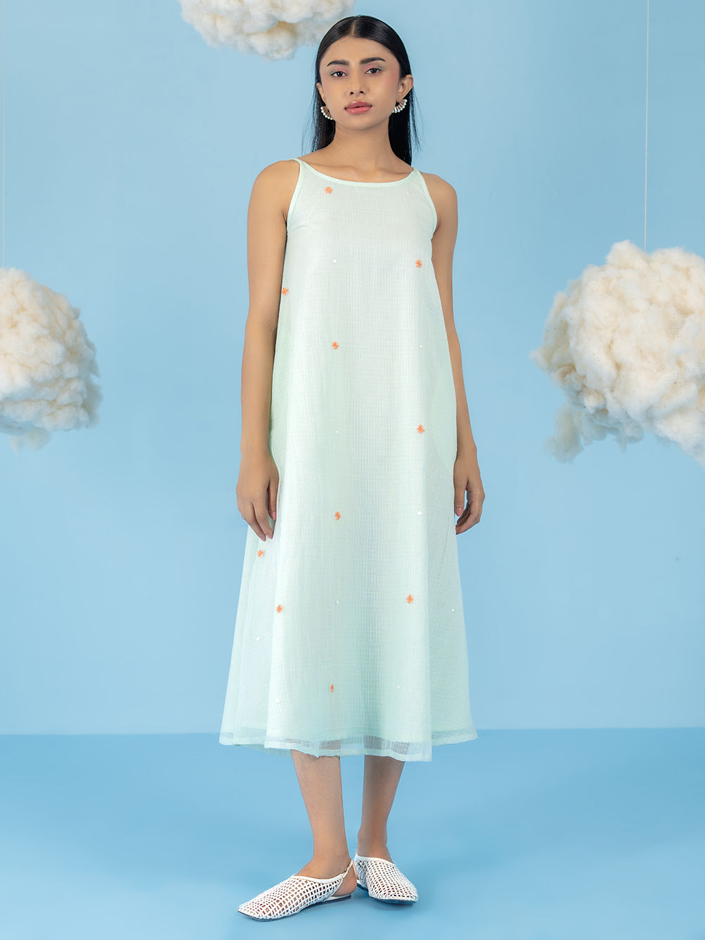 Mint Green Embroidered Kota Doria Dress