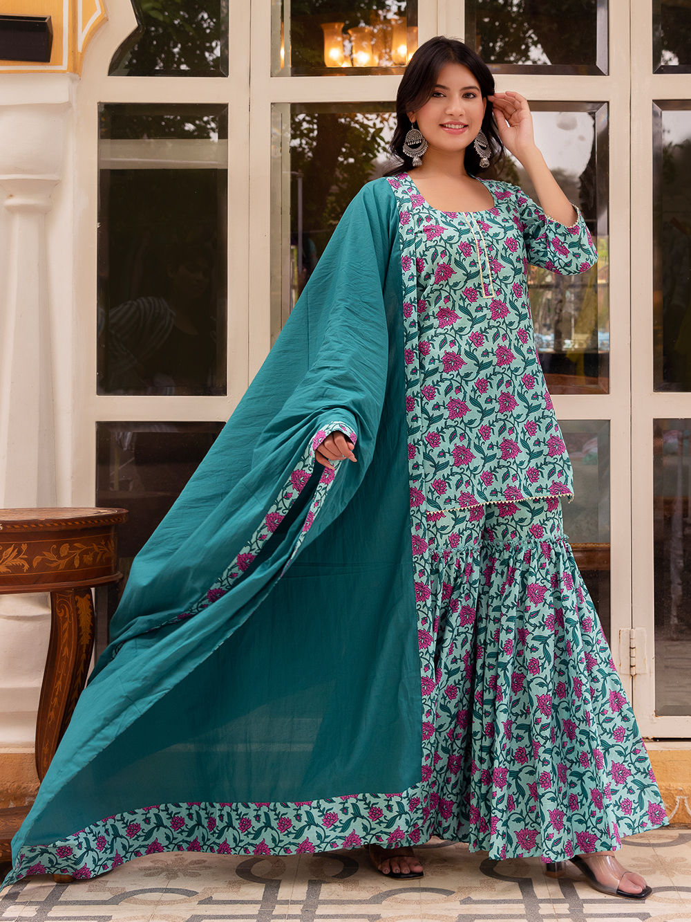 white christmas dresses Light Pink Color Party wear Fancy Cotton Sharara Suit – fashionnaari