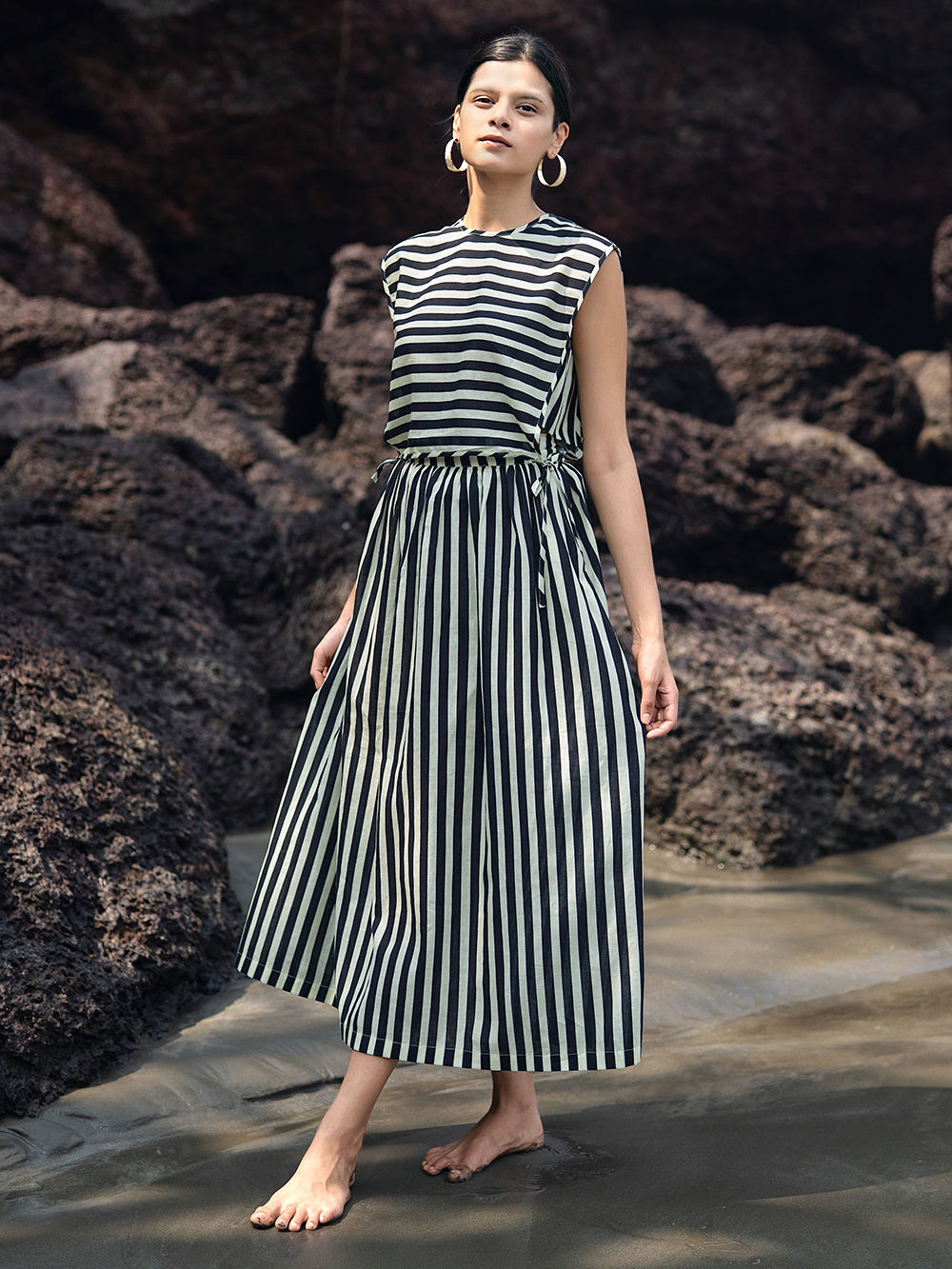 Black White Stripes Cotton Linen Skirt
