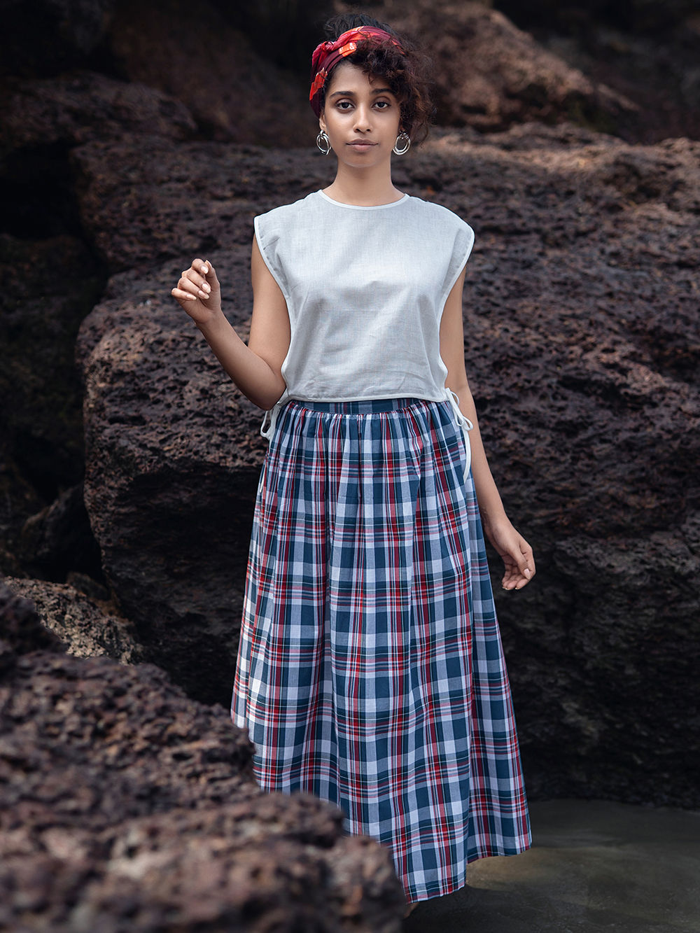 Multicolor Checkered Cotton Linen Skirt