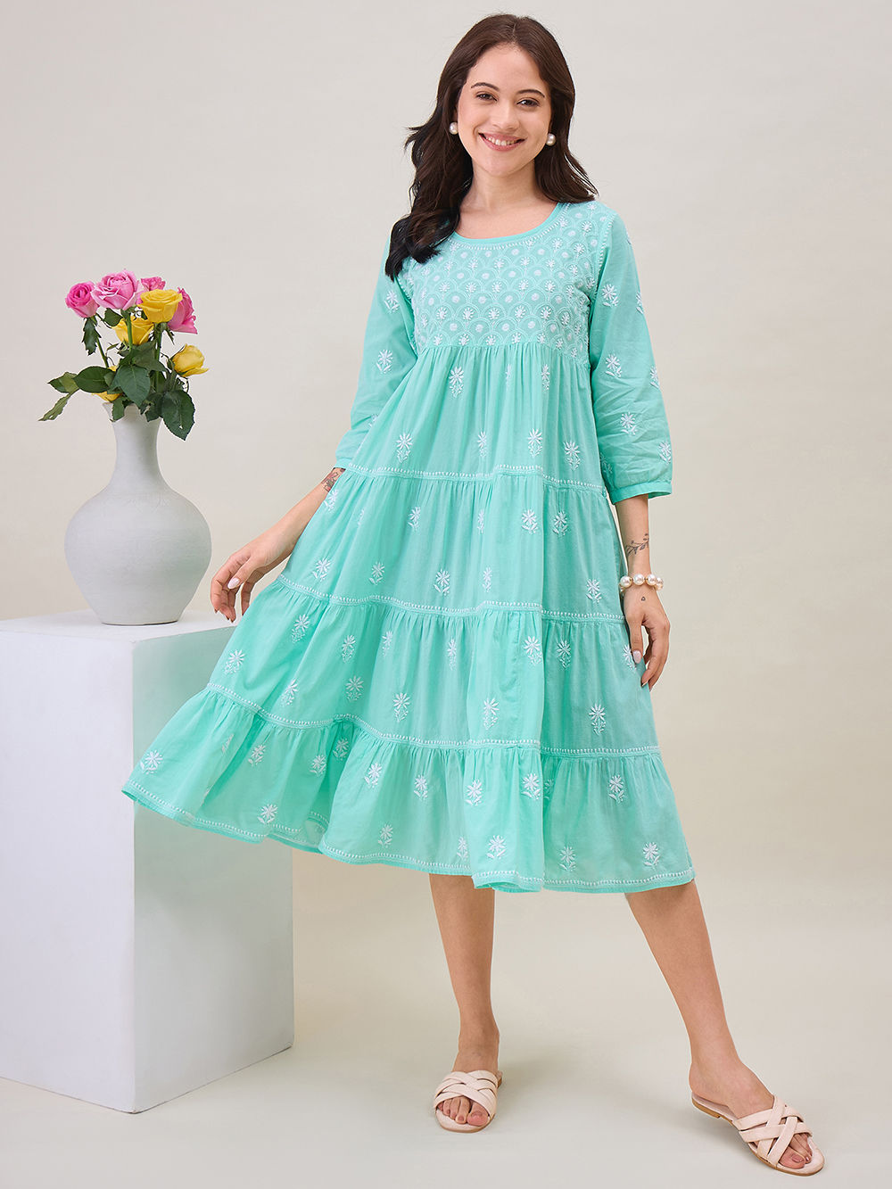 Sea Green Chikankari Embroidered Cotton Dress