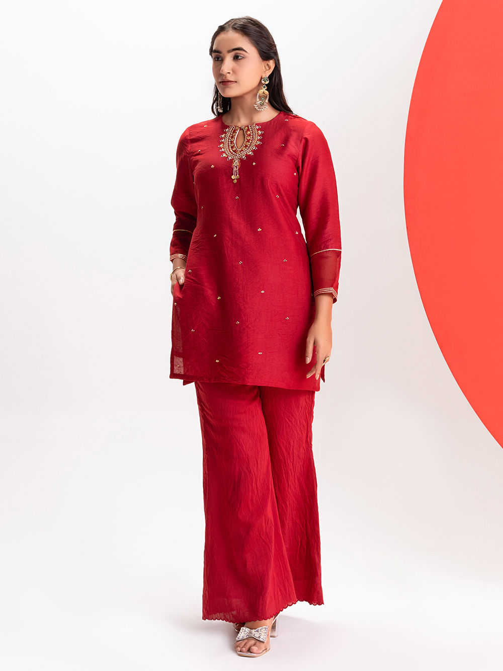 Red Chanderi Cotton Embroidered Kurta Pant Set
