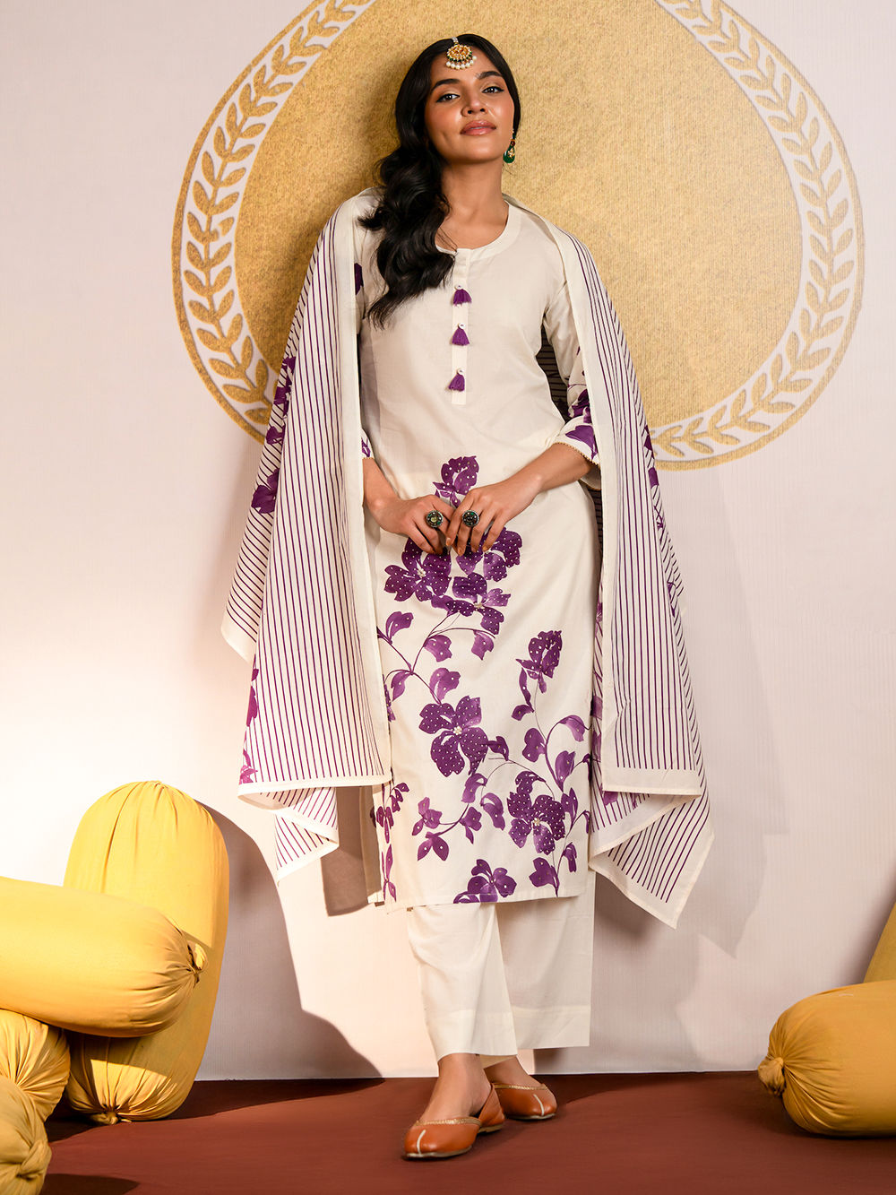 White Purple Printed Cotton Mul Suit - Set of 3