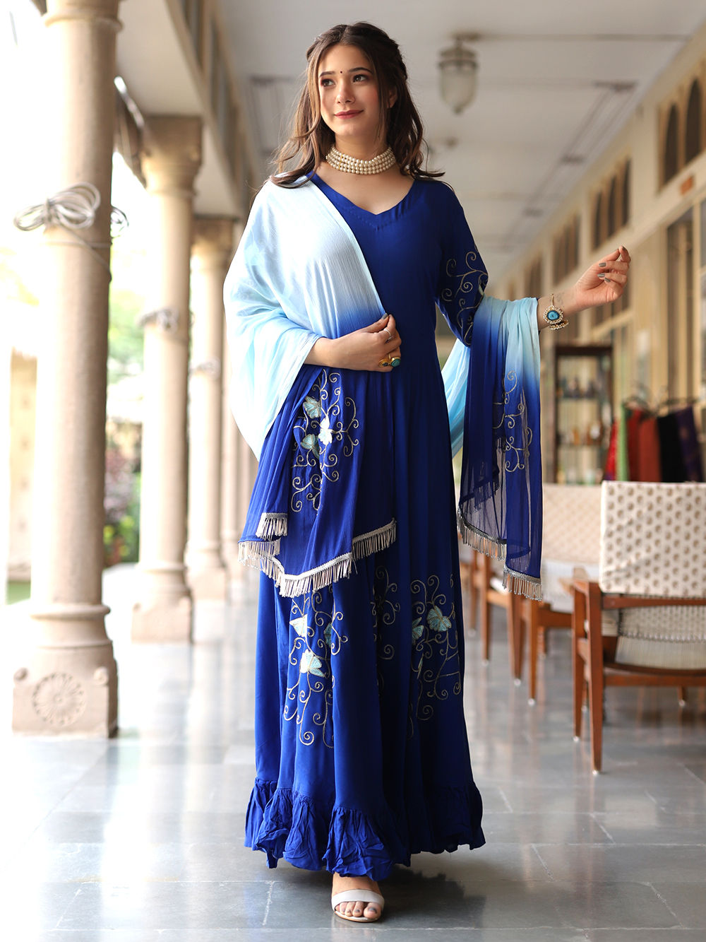 dupatta dress Blue Embroidered Cotton Gown with Dupatta- Set of 2 Farshi shalwar Glamorous Boho Column Wedding Size:6 Month Collection_SPECIAL OCCASION GOWN Salwar kameez