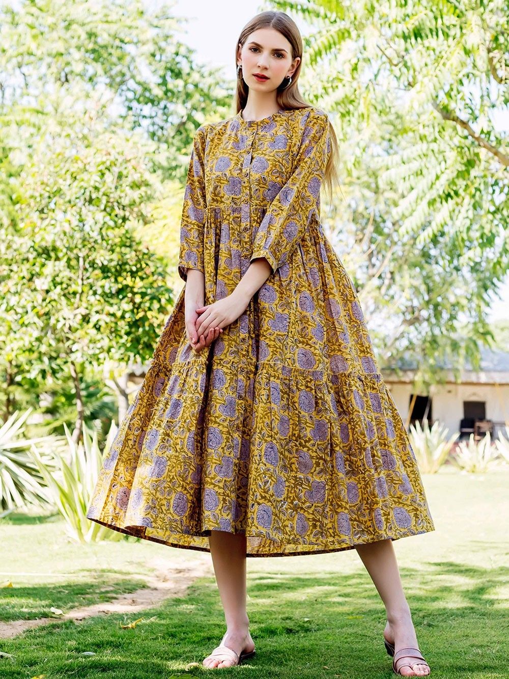 Yellow Hand Block Printed Cotton Tiered Dress Yellow Hand Block Printed Cotton Tiered Dress