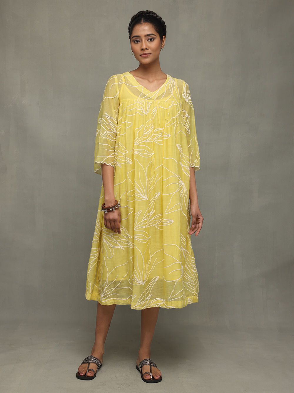 Yellow Hand Embroidered Mul Chanderi Dress with Slip