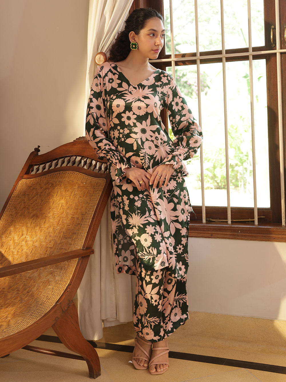Green Printed Bemberg Silk Kurta