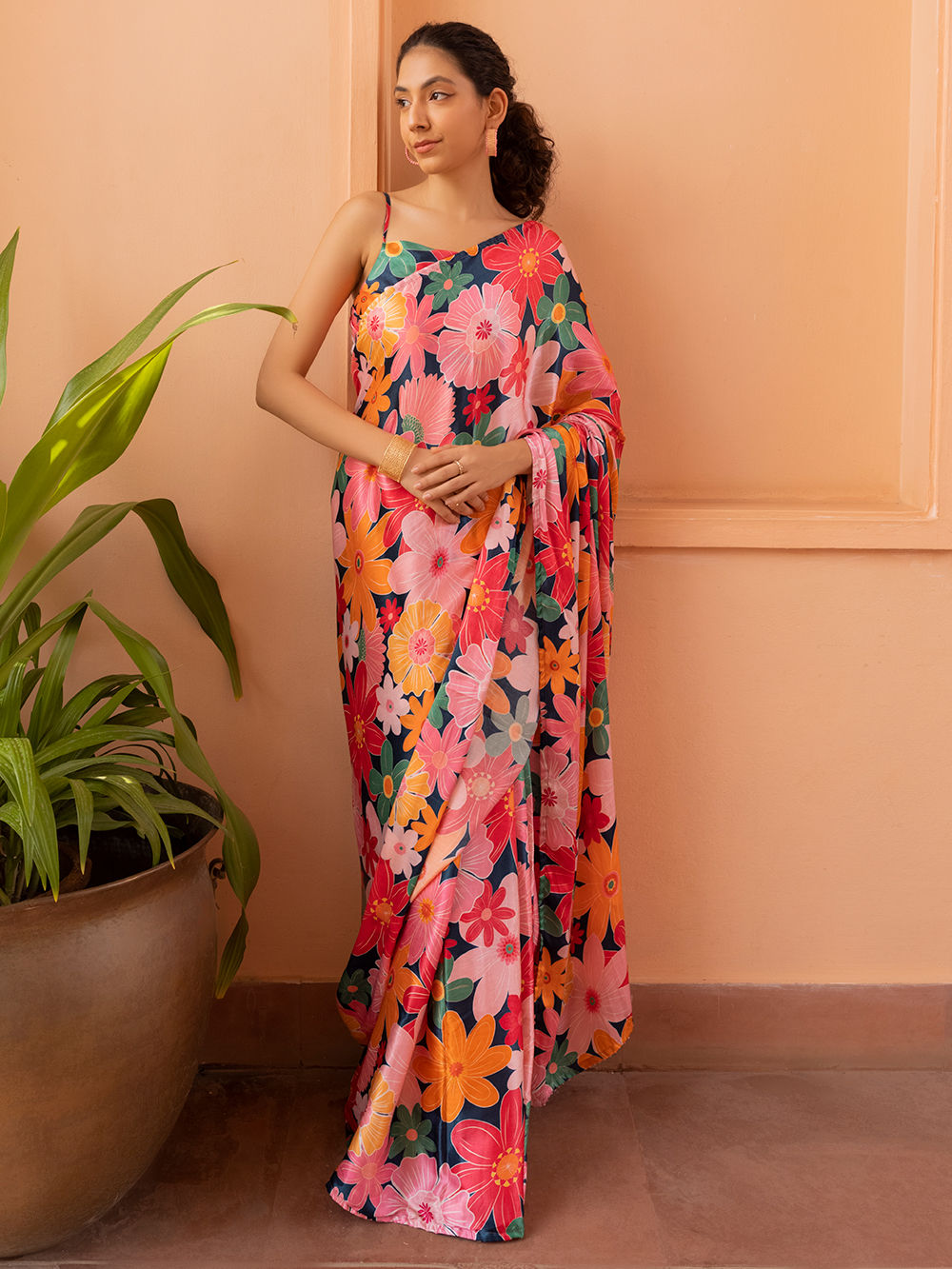 Multicolor Printed Bemberg Silk Saree with Blouse- Set of 2