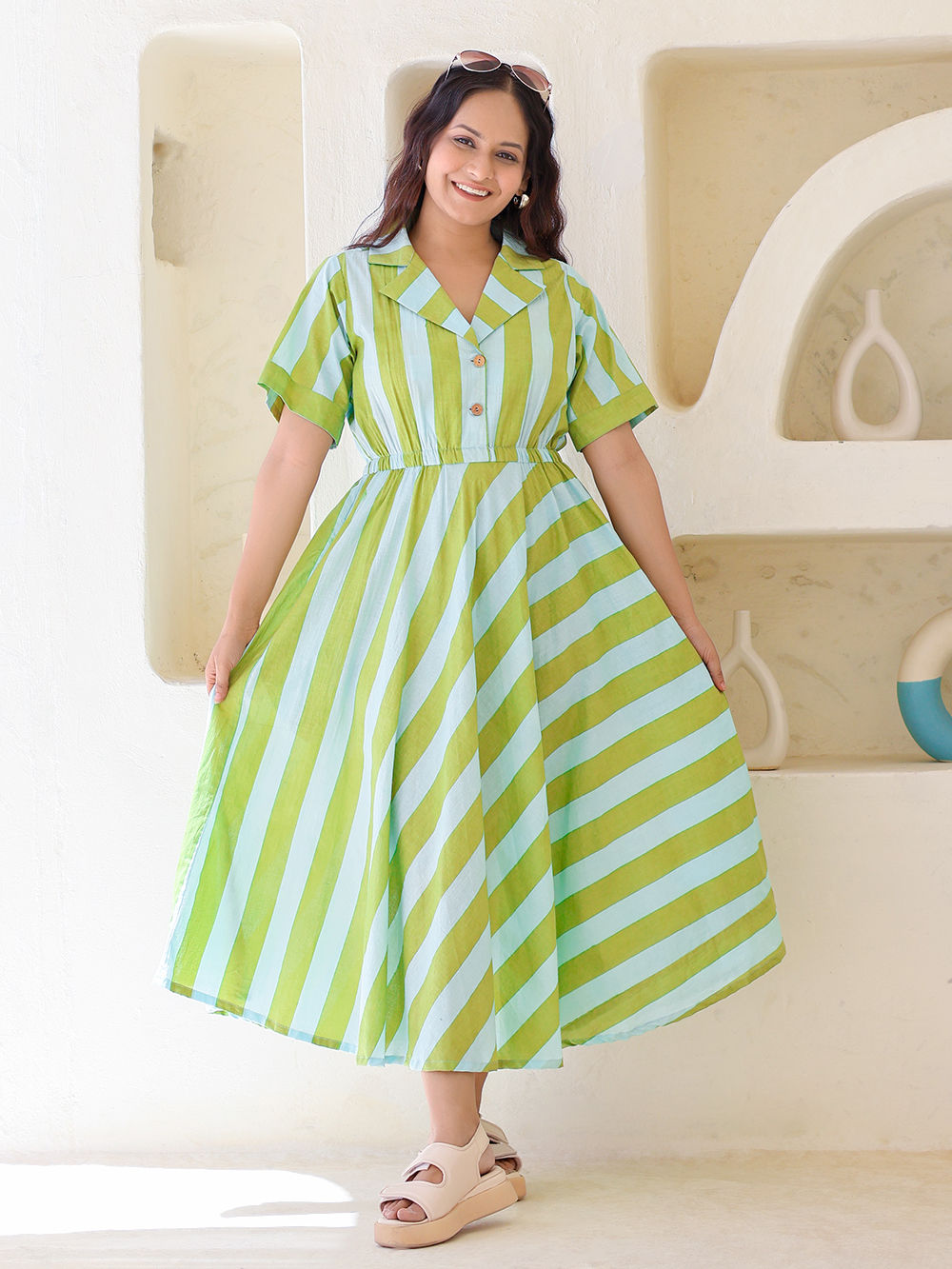 Green Blue Striped Printed Cotton Dress