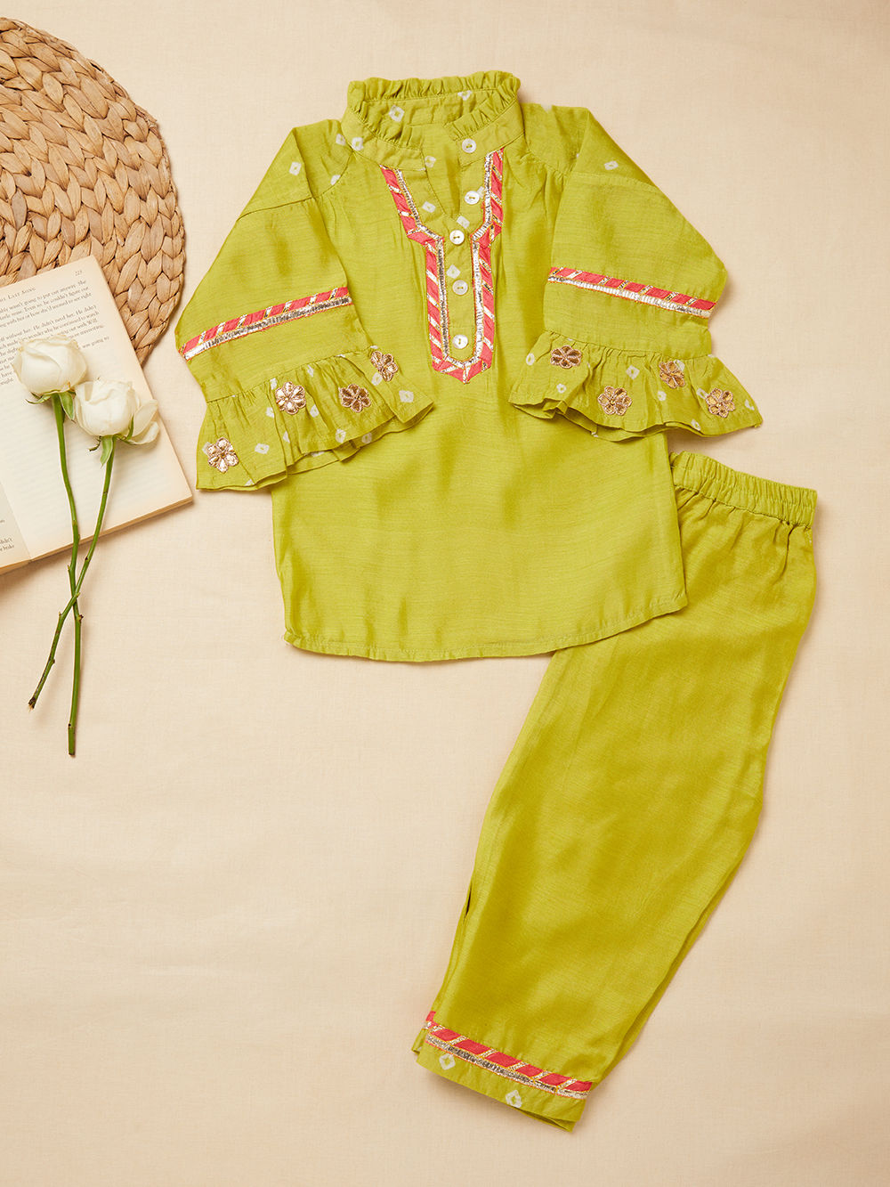 Lime Green Printed Modal Silk Co-ord Set - Set of 2
