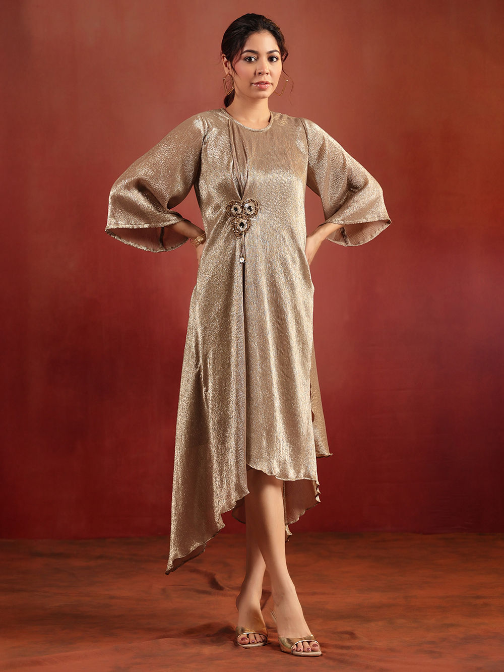 Beige Hand Work Wrinkled Crepe Dress Beige Hand Work Wrinkled Crepe Dress