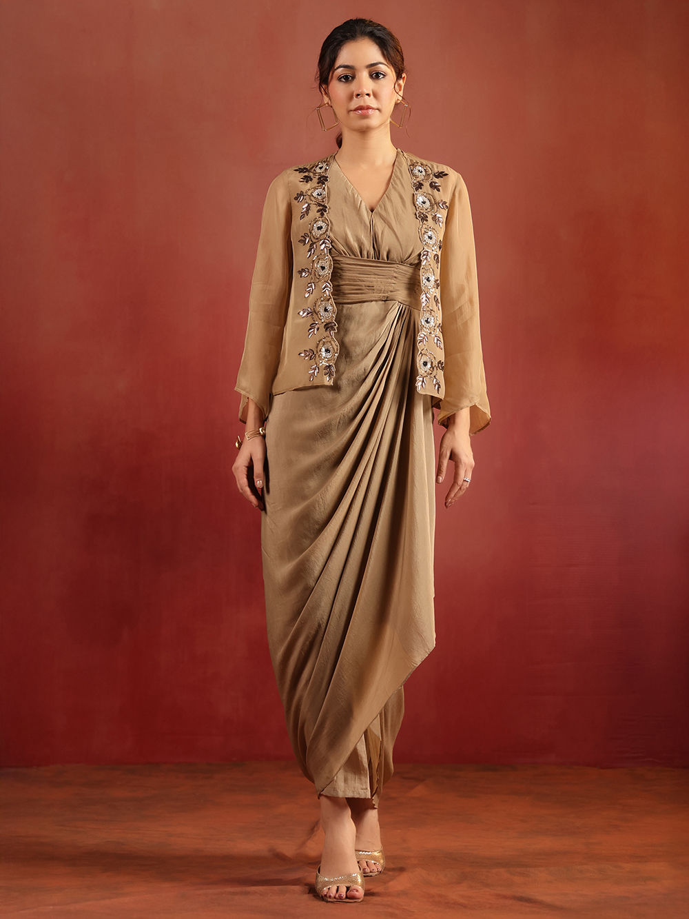 Beige Crepe Drape Dress with Hand Work Wrinkeld Cape- Set of 2 Beige Crepe Drape Dress with Hand Work Wrinkeld Cape- Set of 2