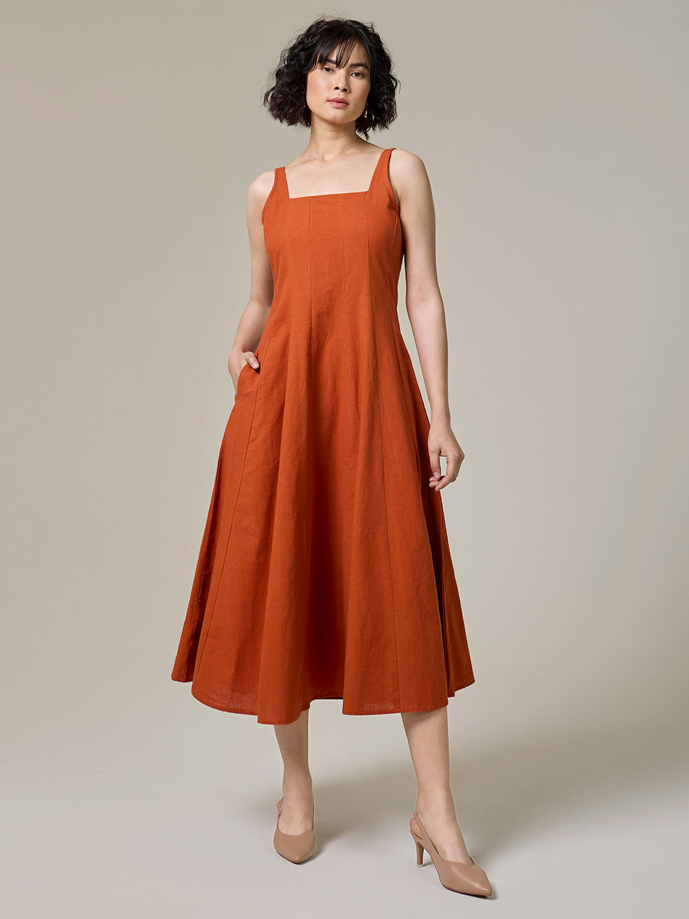 knee length dresses for ladies Amelia Ruched Mini Linen Dress in Rust Orange main image 1