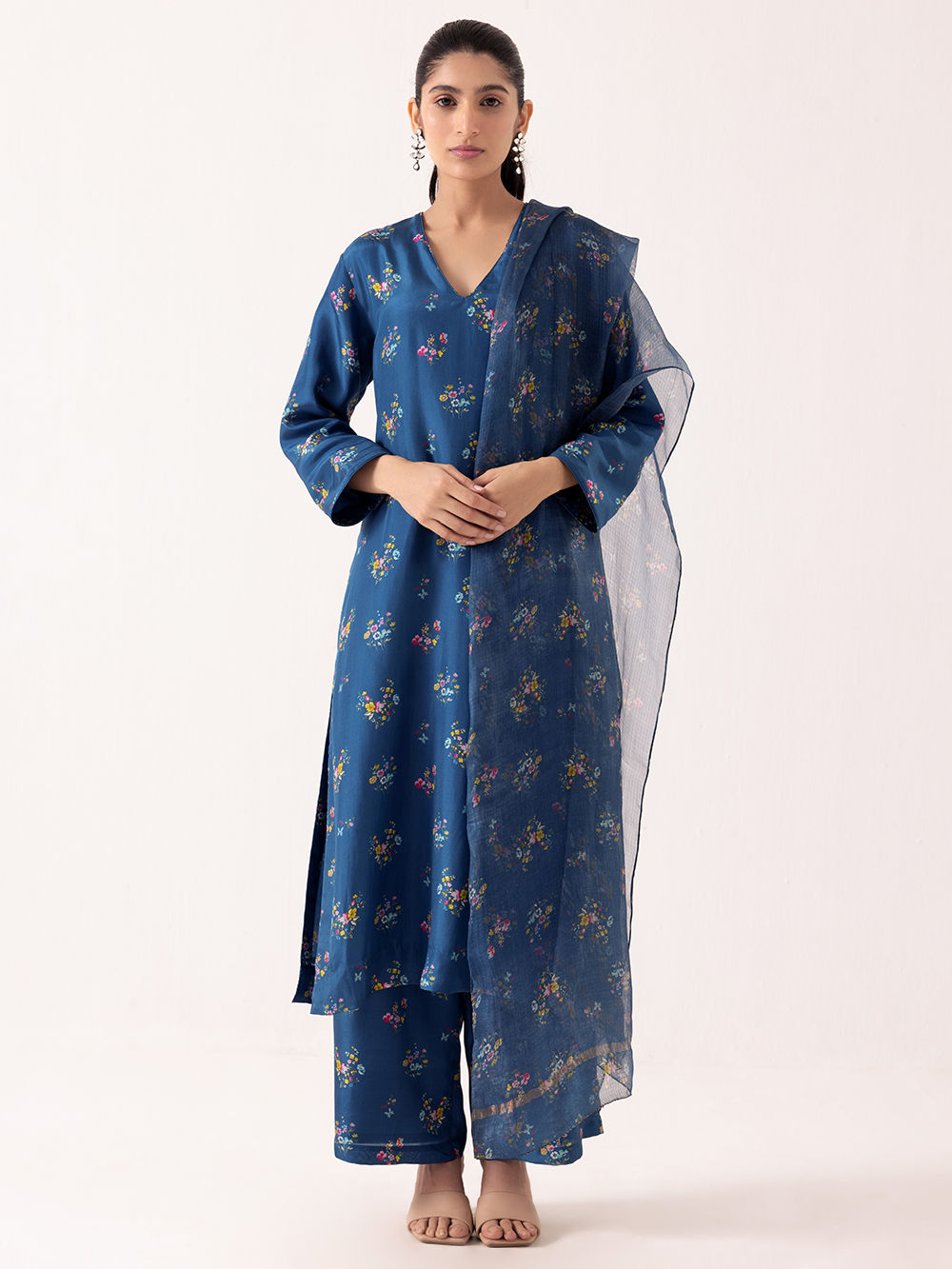 Blue Printed Cotton Silk Suit - Set of 3
