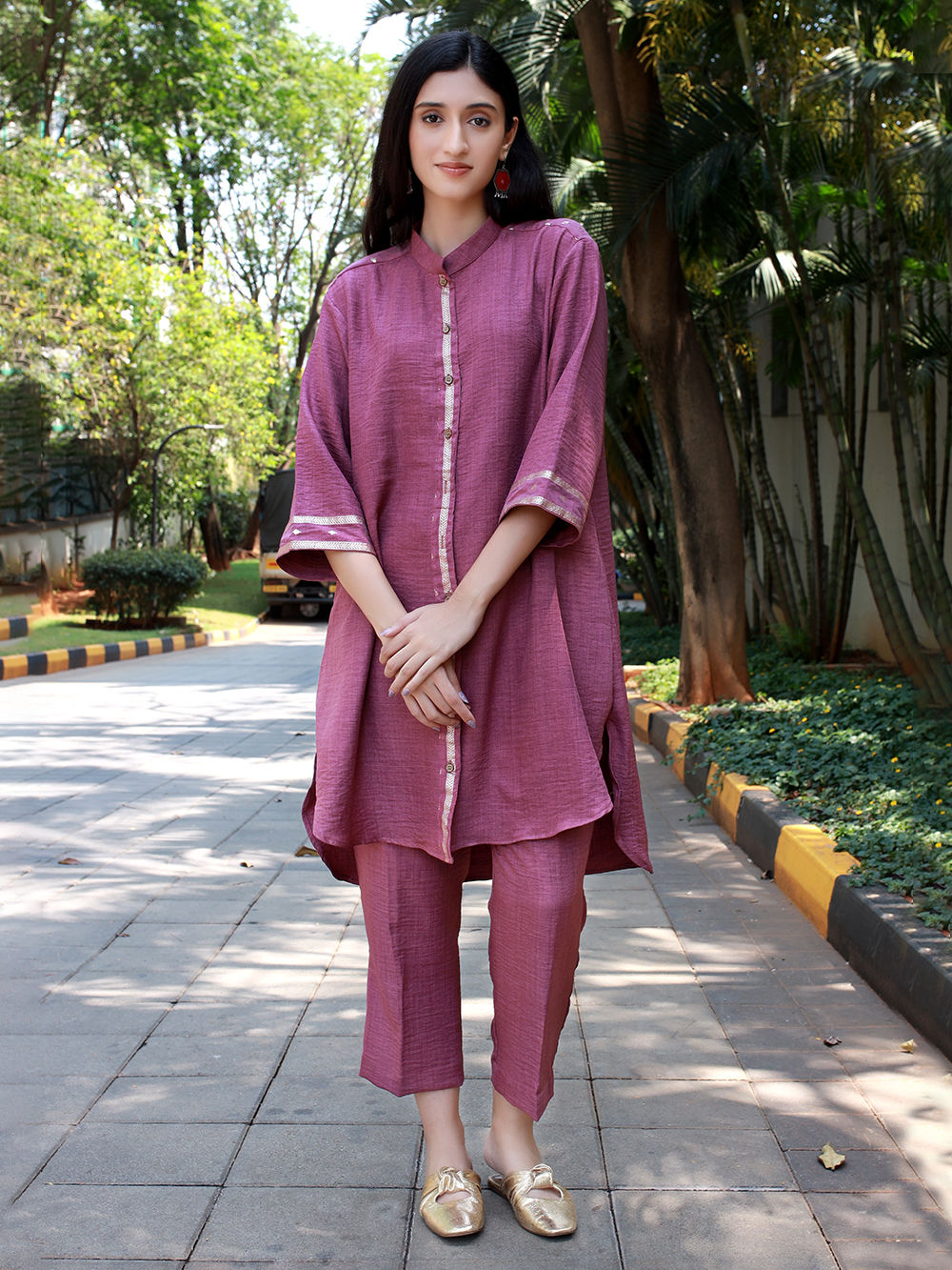 その他 soor ploom Flat Collar linen Purple Brocade Twill Cotton Linen Co-ord Set- Set of 2