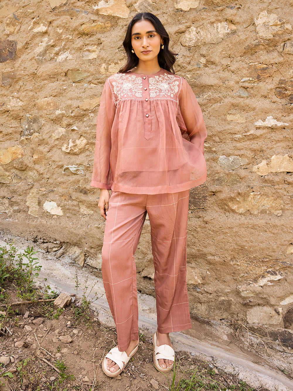 Brown Hand Embroidered Organza Top with Printed Slip