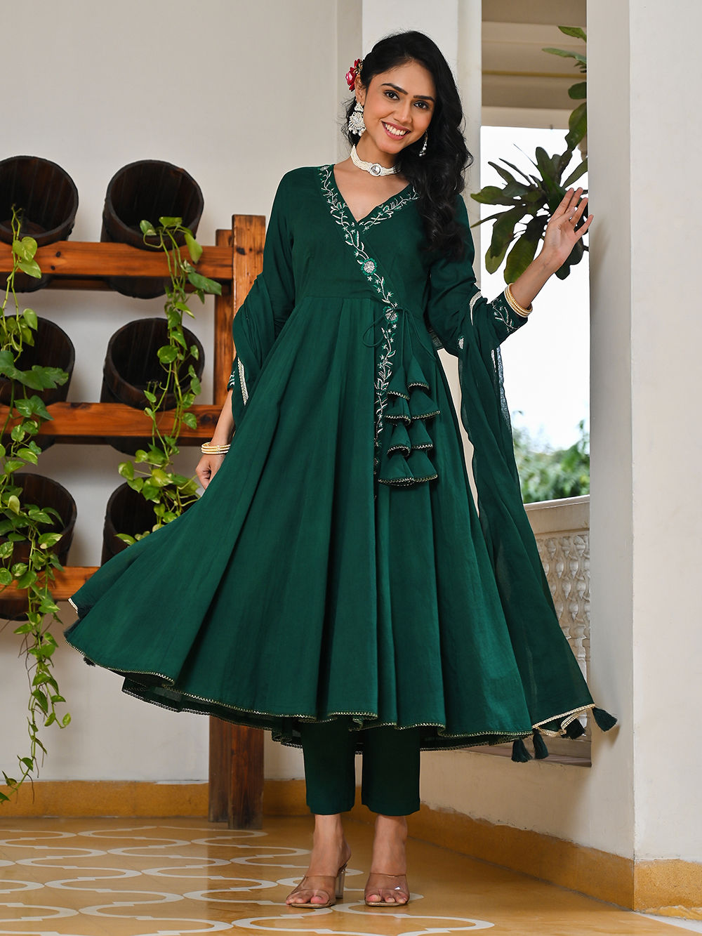slim fit dress slacks Emerald Green Anarkali Set. – Shyam Narayan Prasad main image 1