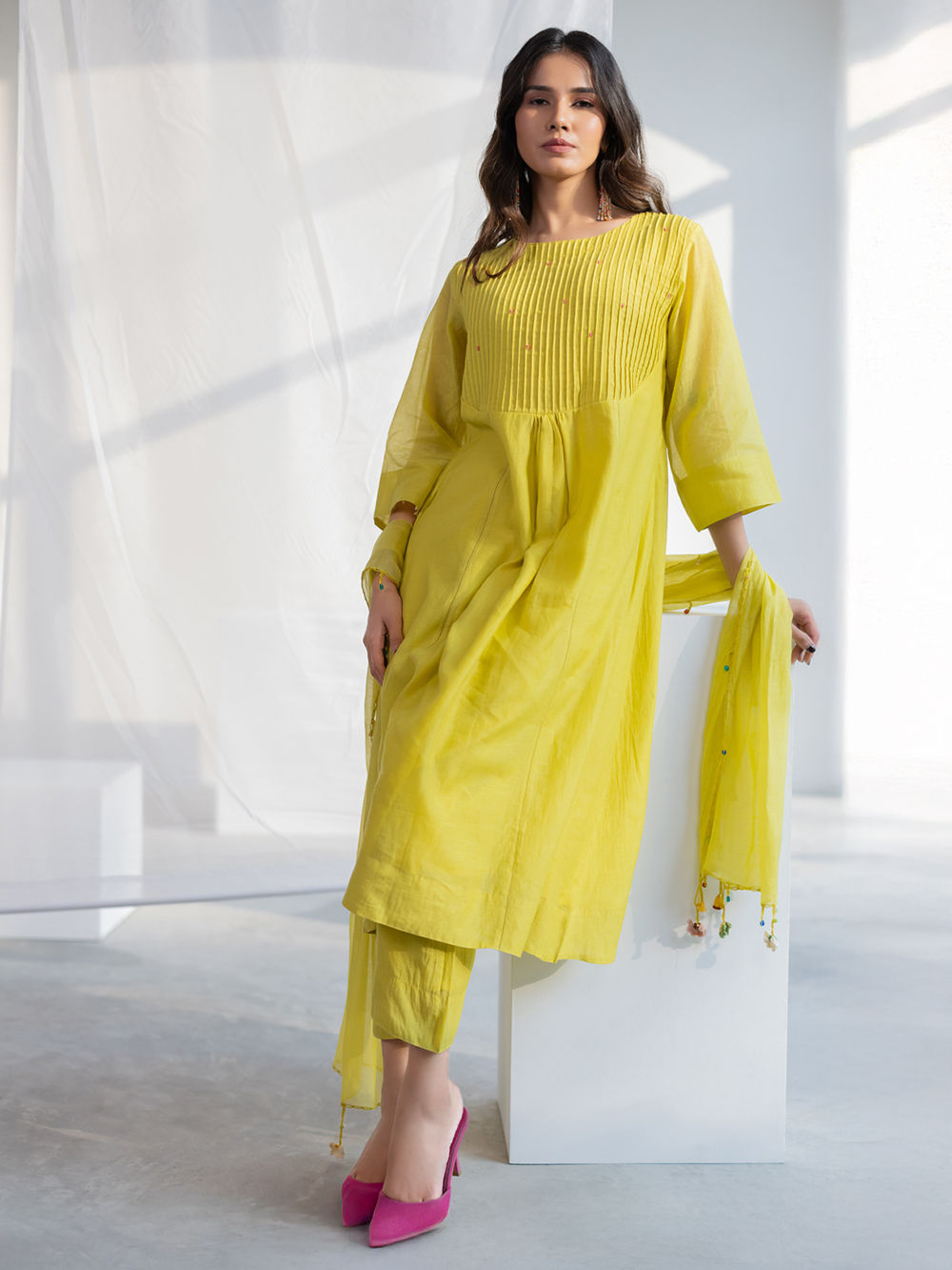 Lime Green Hand Embroidered Chanderi Silk Suit- Set of 3