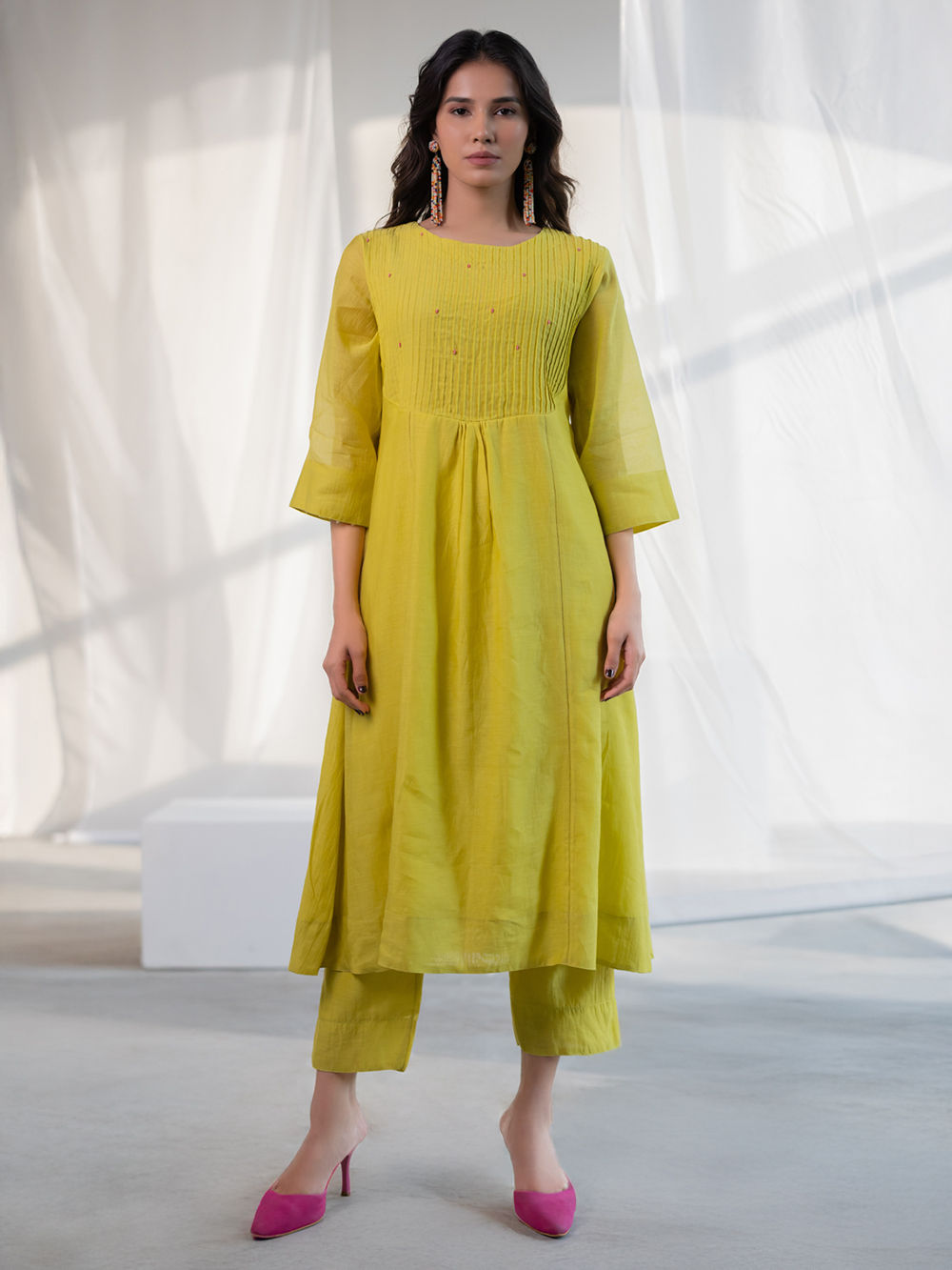Lime Green Hand Embroidered Chanderi Silk Kurta with Slip