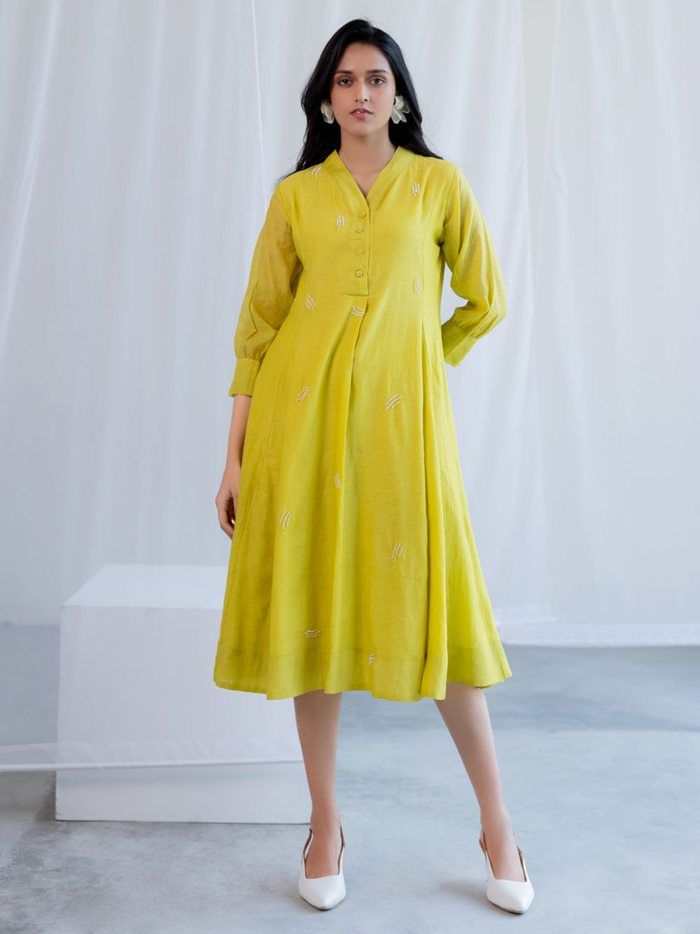 Lime Green Hand Embroidered Chanderi Silk Dress