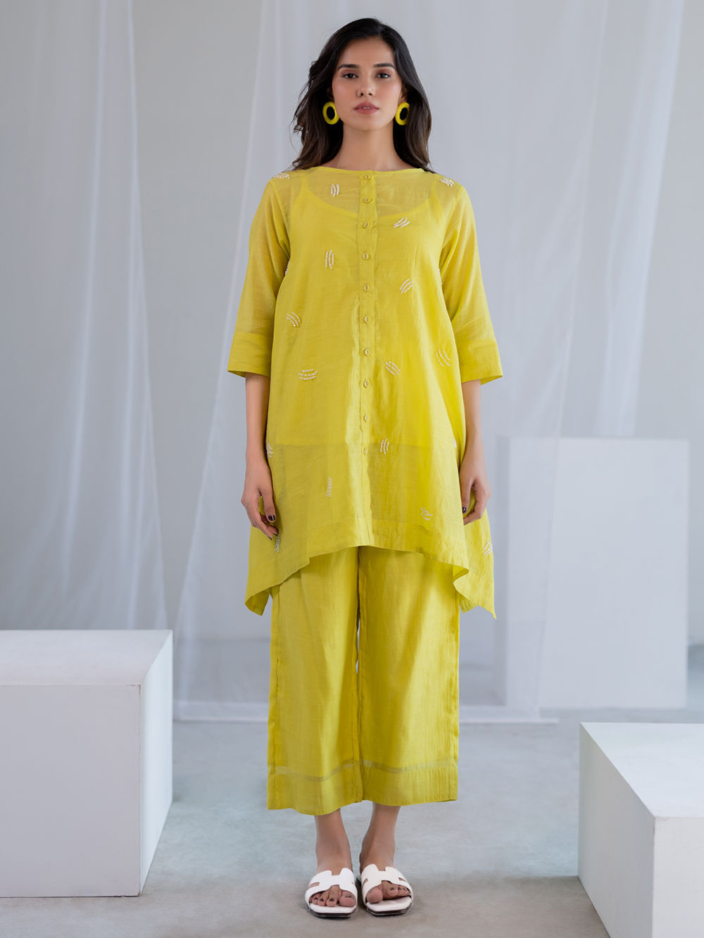 Lime Green Hand Embroidered Chanderi Silk Tunic with Slip