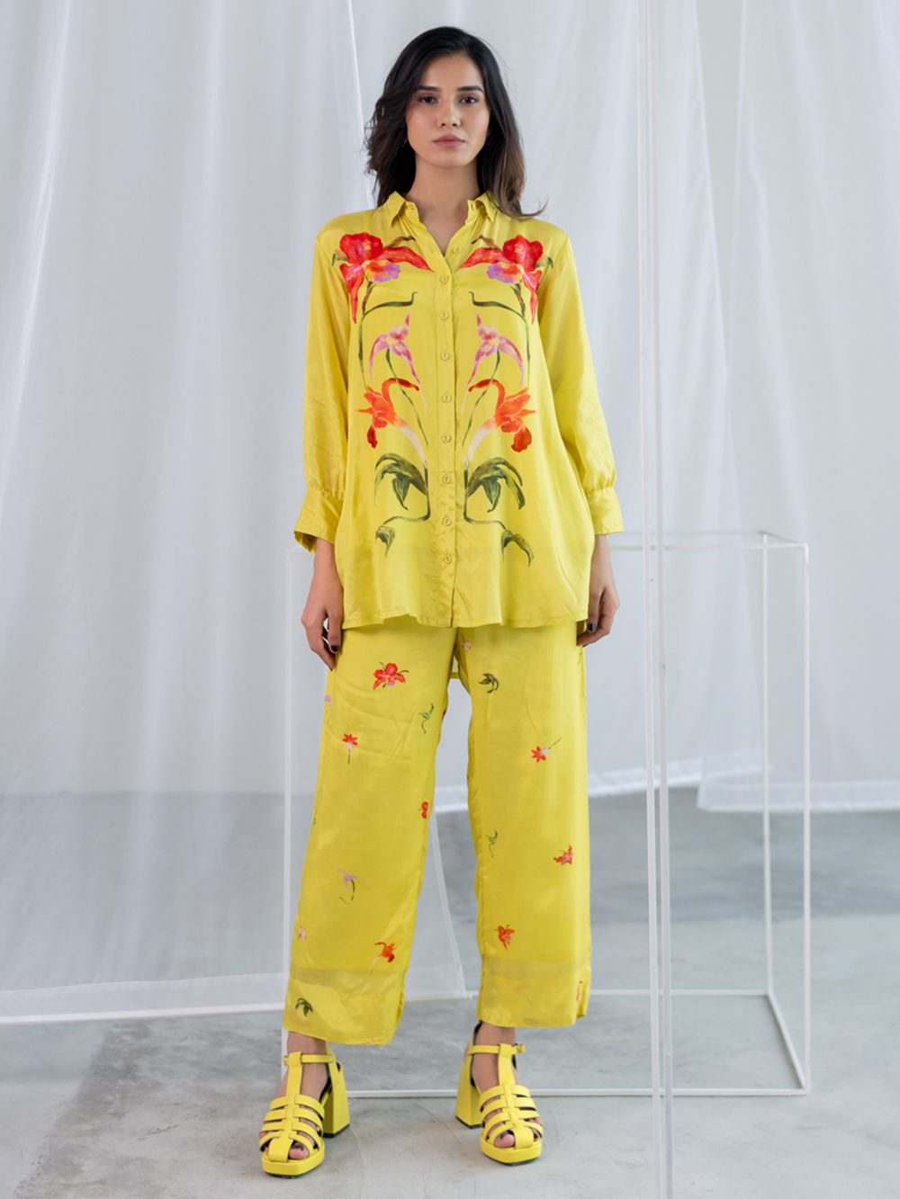 Lime Green Printed Silk Voile Shirt with Slip