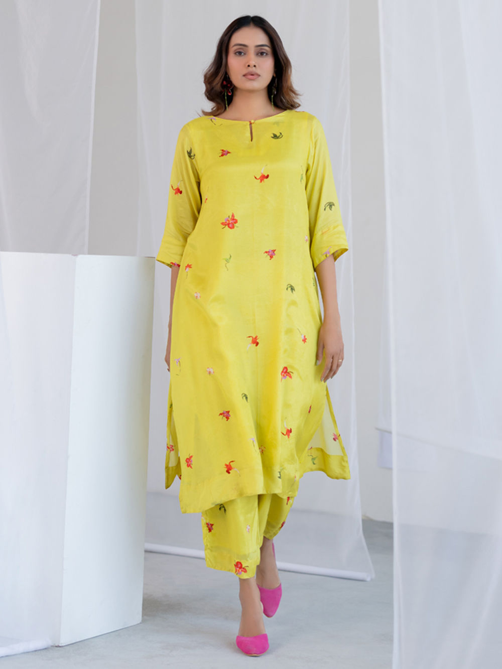 Lime Green Printed Silk Voile Kurta with Slip
