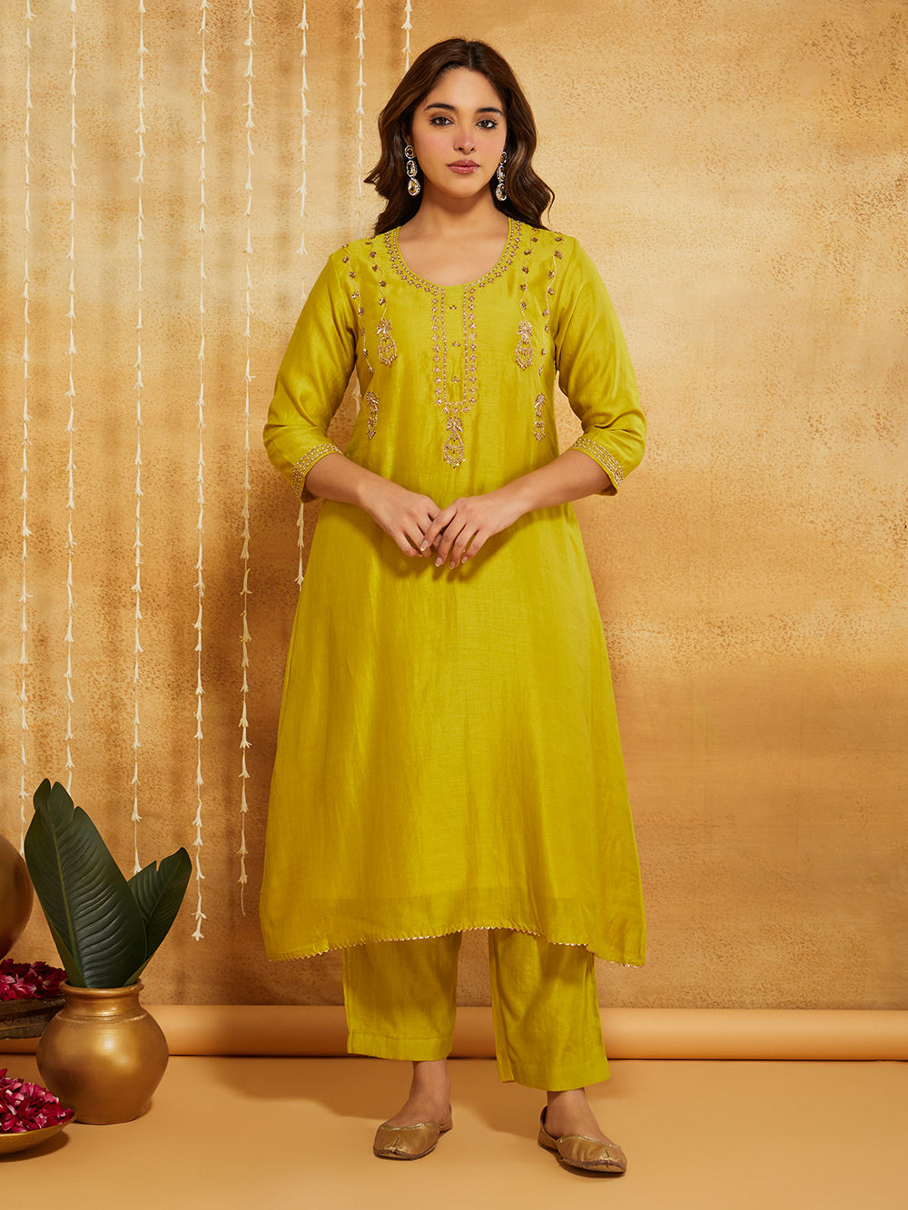 Lime Green Embroidered Chanderi Silk Kurta with Pants- Set of 2