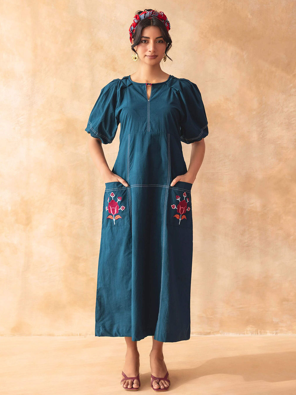 Teal Blue Embroidered Cotton Dress