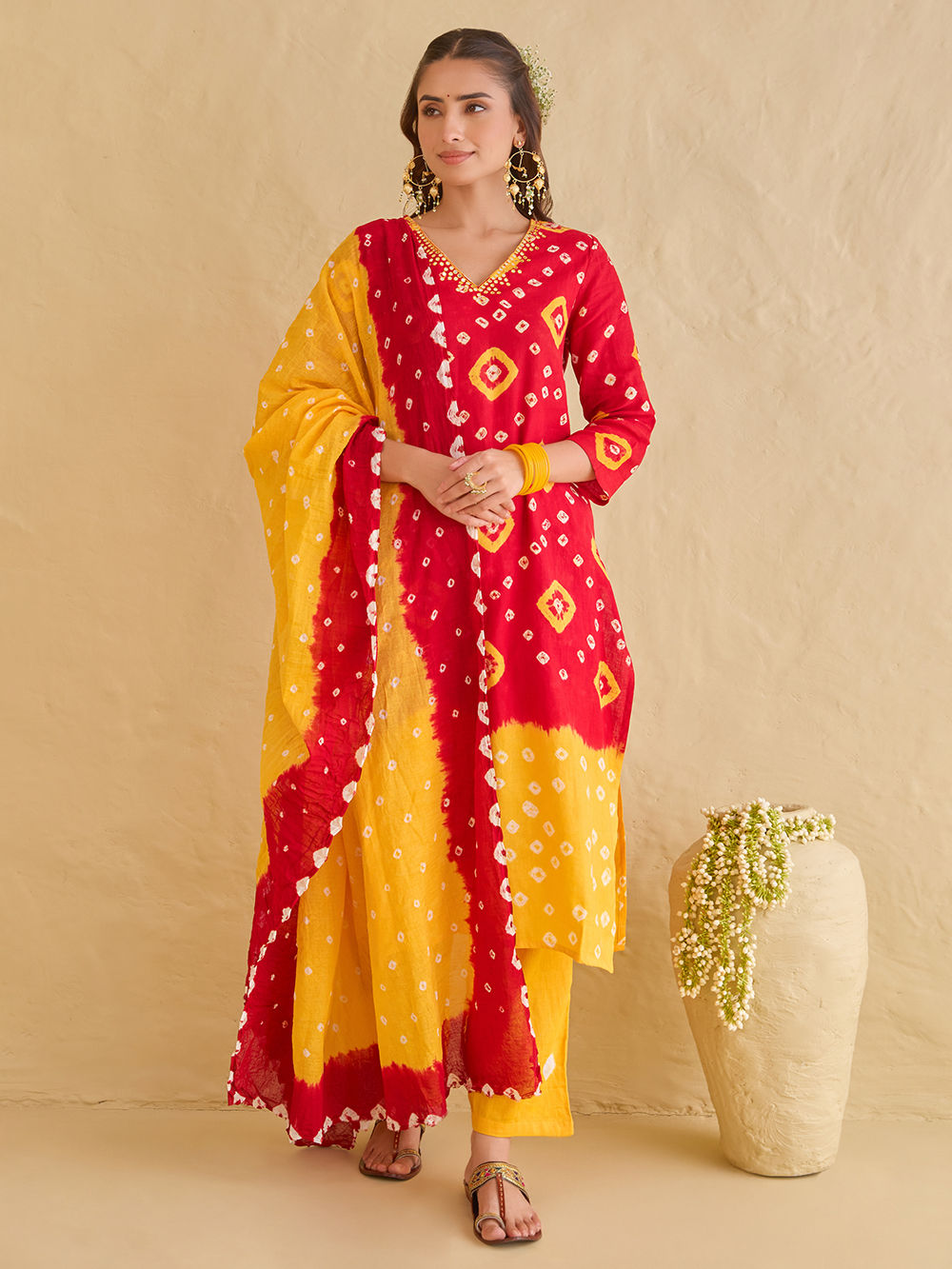 RED BANDHANI PRINTED HALTER SUIT SET main image 1