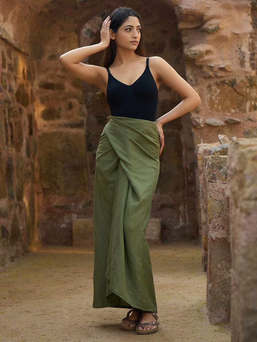 Olive Green Linen Blend Skirt