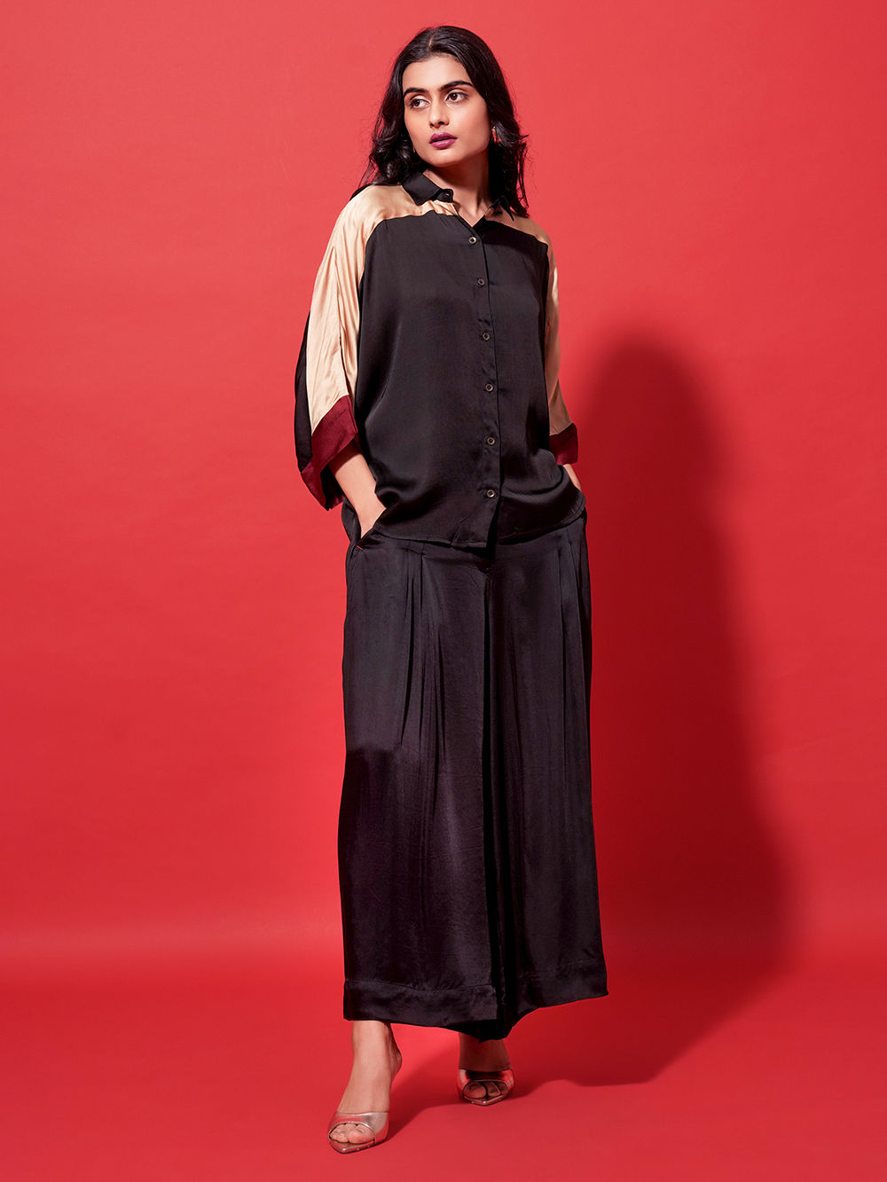 Black Beige Modal Silk Shirt