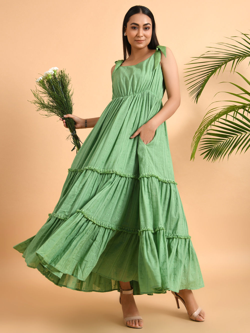 Green Cotton Dobby Dress