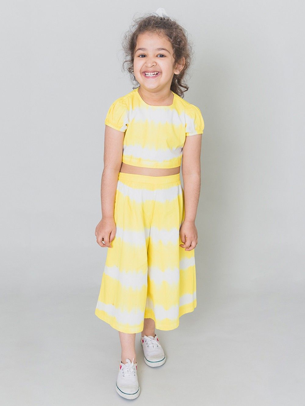 Yellow White Cotton Tie and Dye Crop Top with Culottes - Set of 2