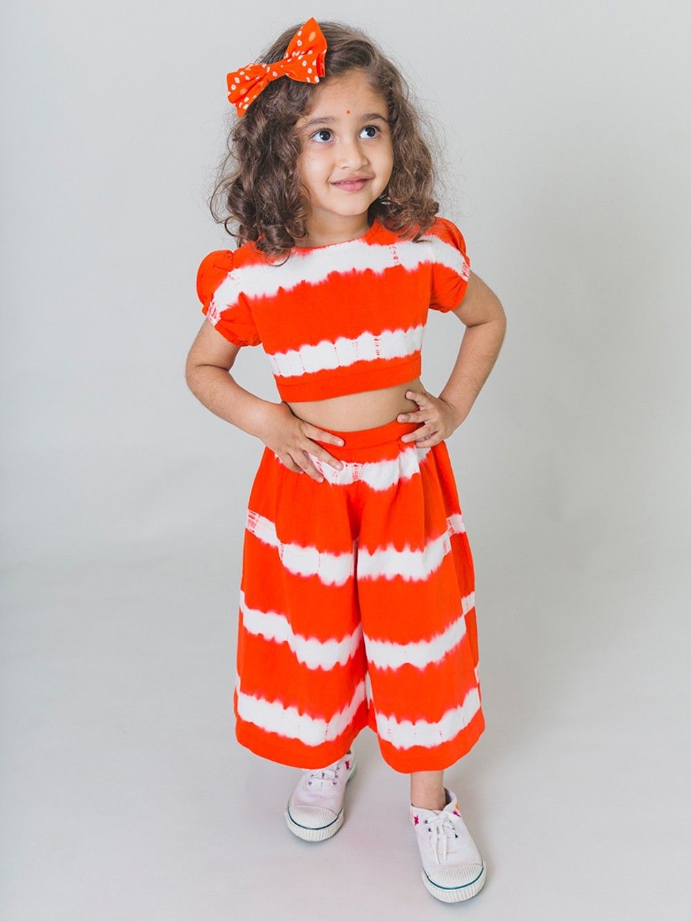 Orange White Cotton Tie and Dye Crop Top with Culottes - Set of 2