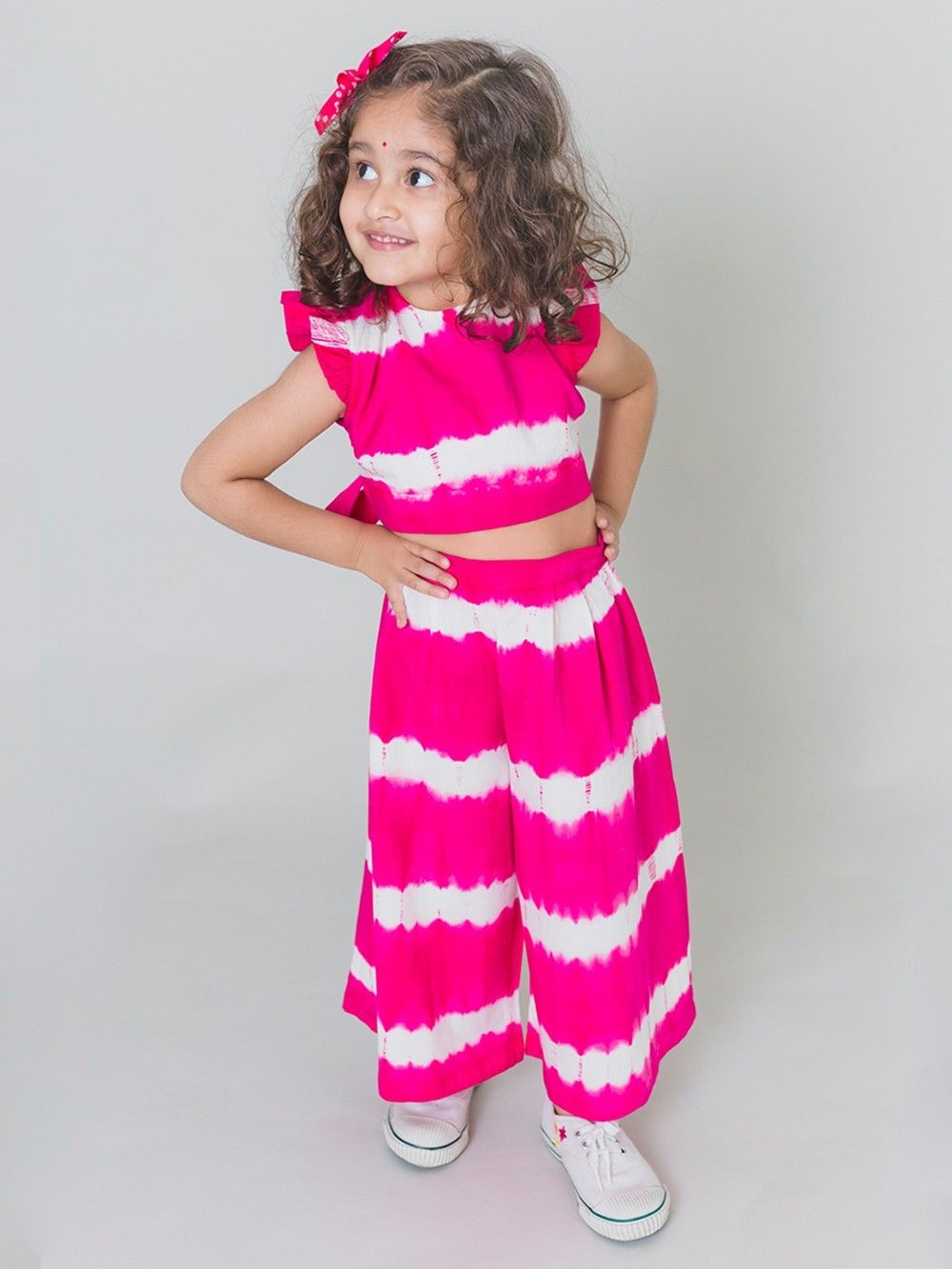Pink White Cotton Tie and Dye Crop Top with Culottes - Set of 2