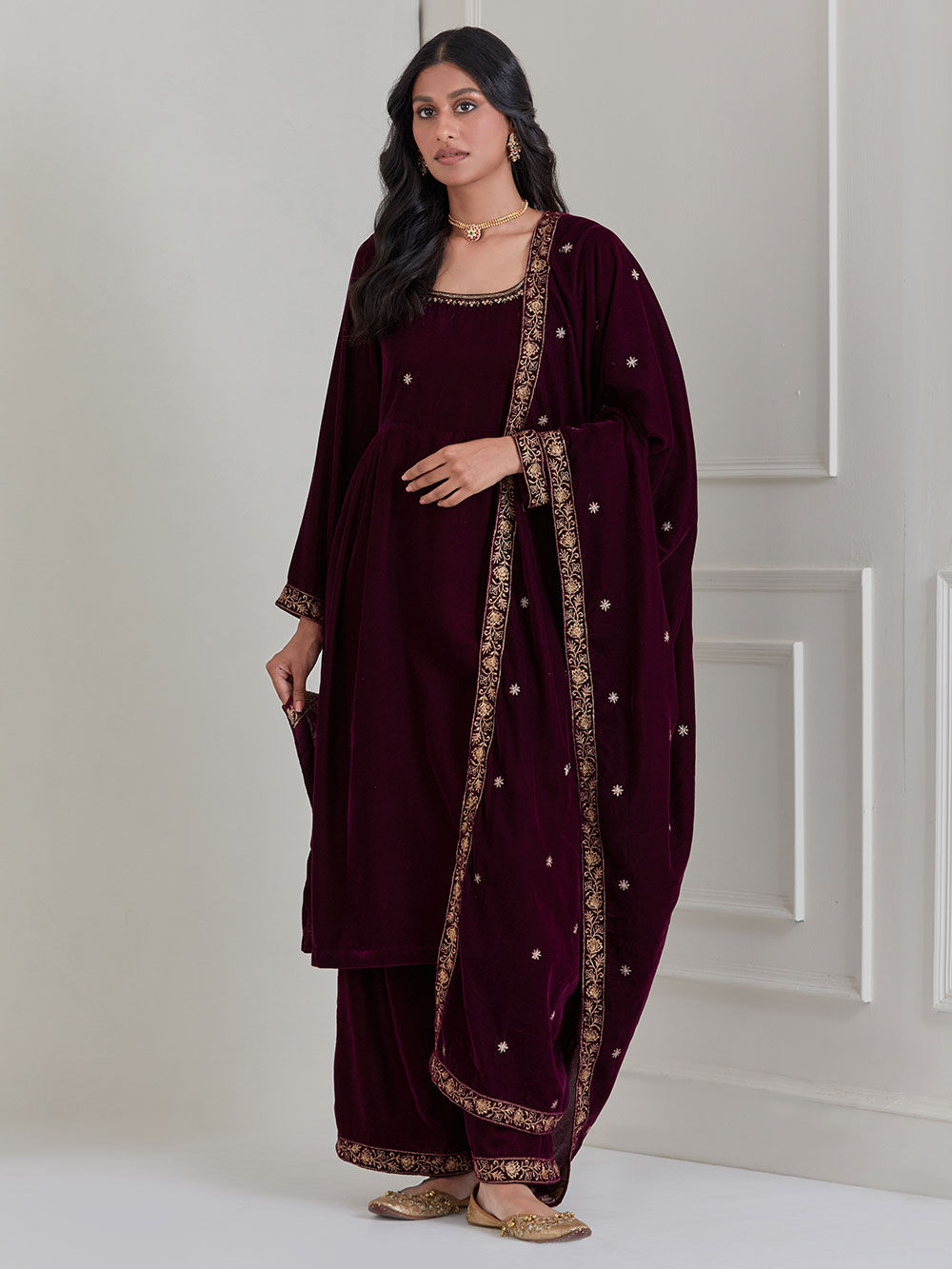 Burgundy Embroidered Velvet Anarkali Suit - Set of 3