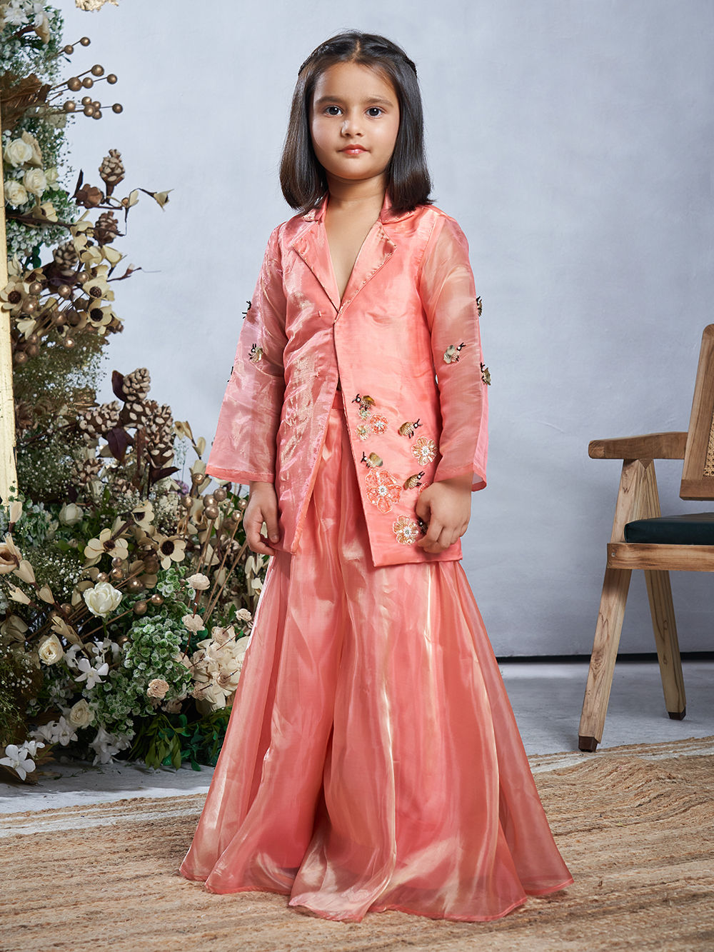 Peach Hand Embroidered Tissue Jacket with Sharara - Set of 2