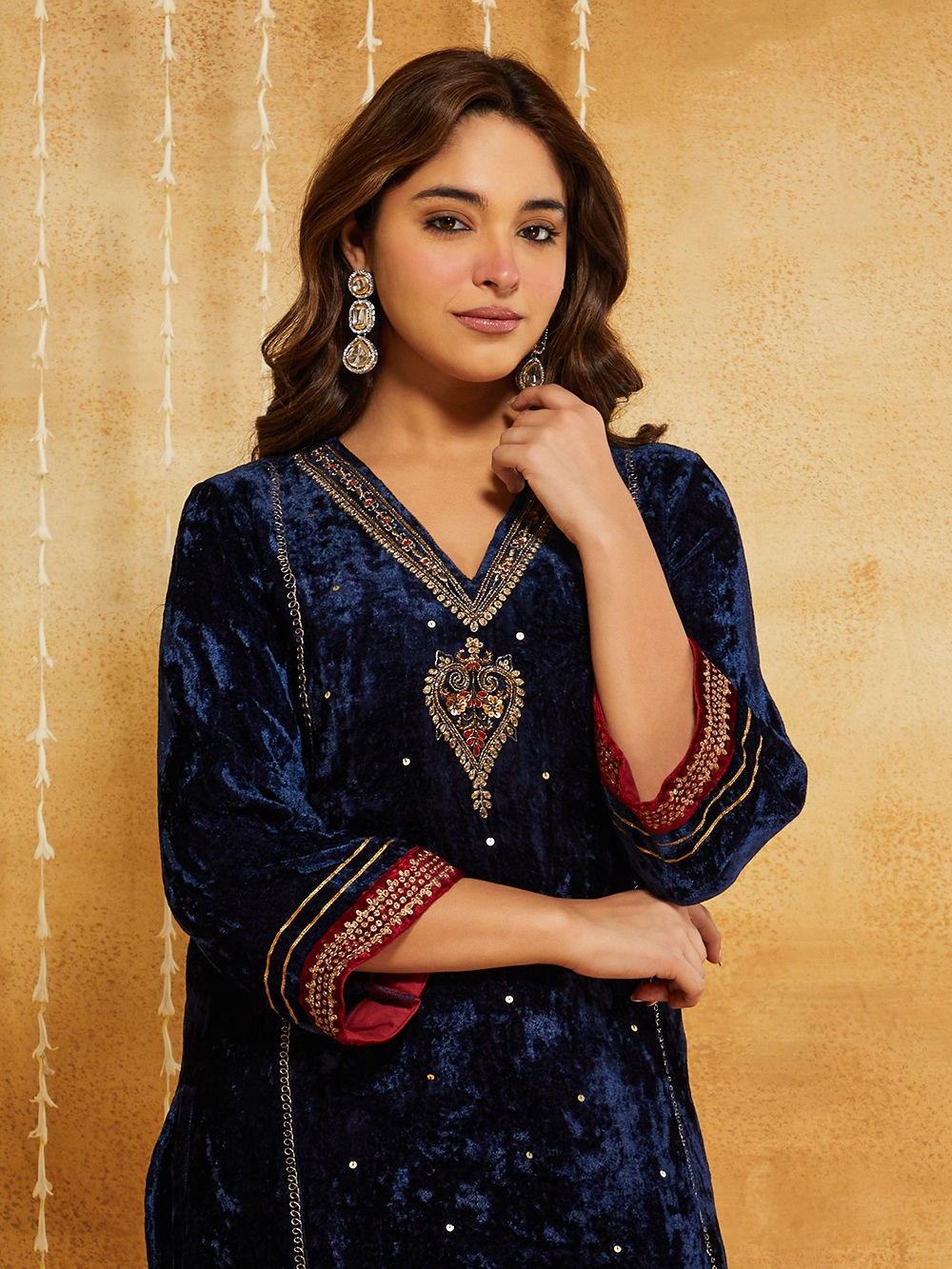 Blue Embroidered Velvet Kurta with Pants- Set of 2