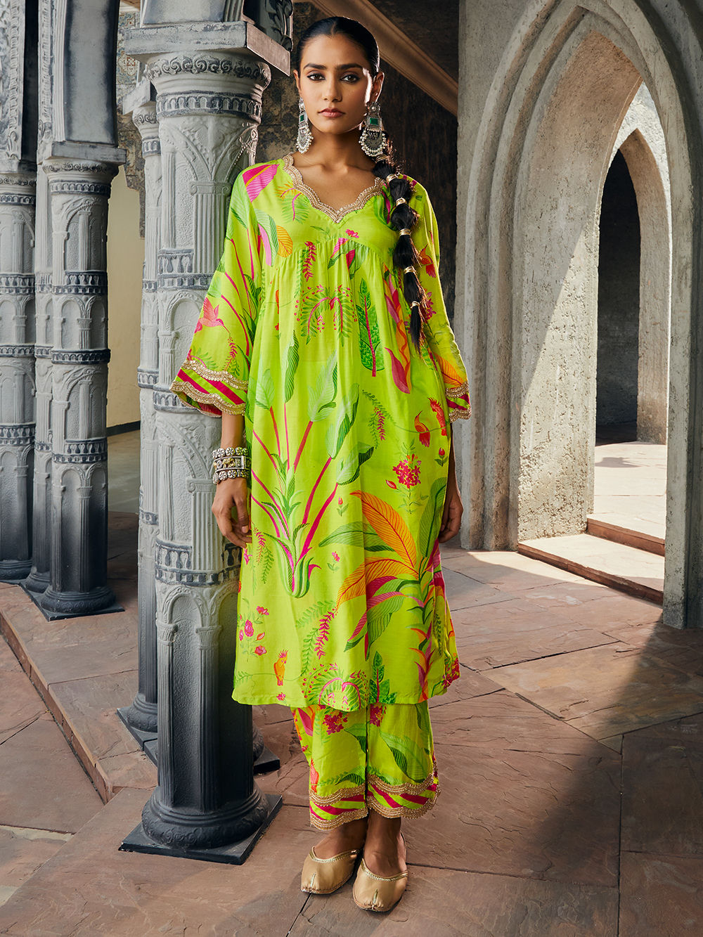 Lime Green Printed Cotton Silk Kurta with Pants- Set of 2