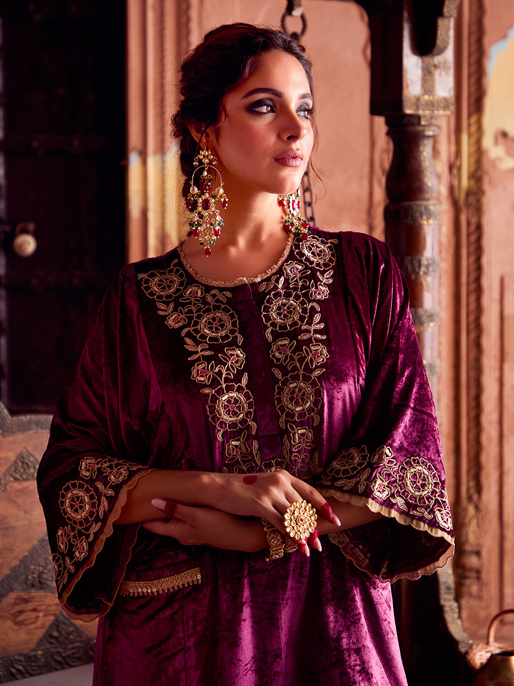 Wine Dori Embroidered Velvet Choga with Salwar- Set of 2