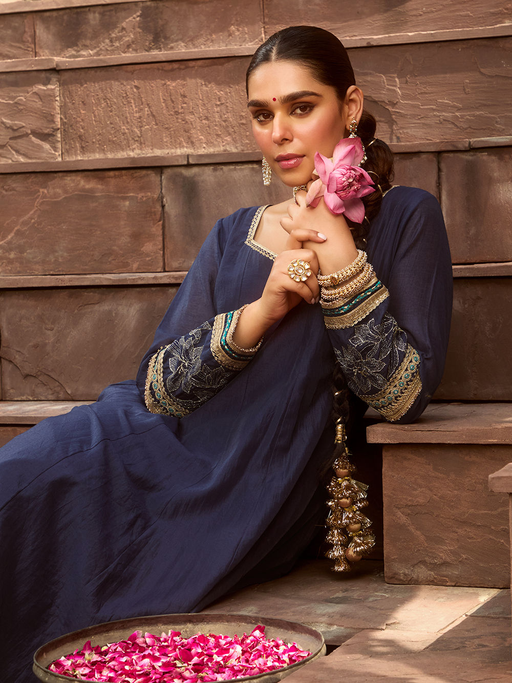 Aziza Navy Jacket Set In Chanderi
