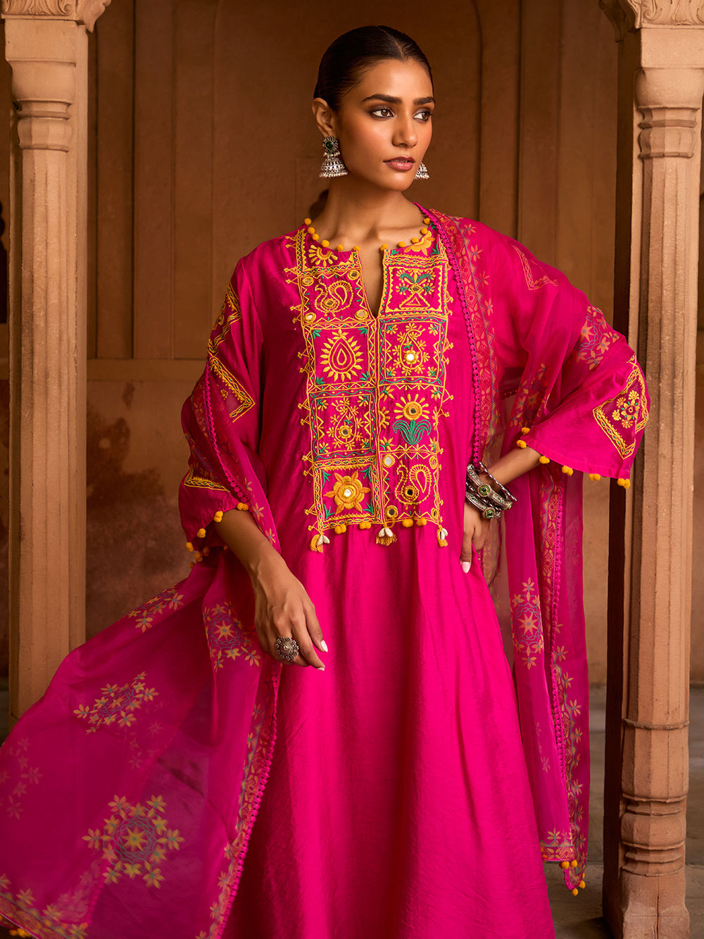 Brown Fuchsia Chanderi Embroidered Clothing Set
