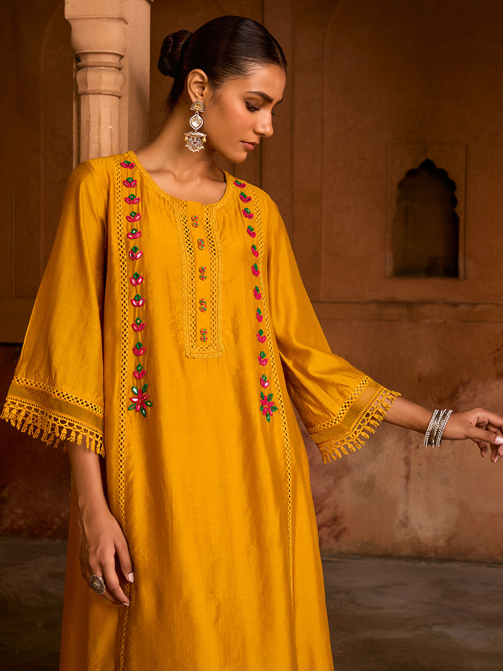 long embroidered dress Mustard floral embroidered godet dress
